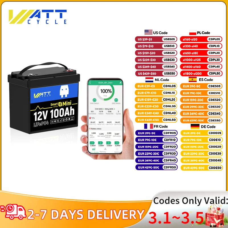 Wattcycle LiFePO4 แบตเตอรี่ 12V 100Ah Bluetooth การควบคุมแบบเรียลไทม์ช่วยให้แน่ใจว่าการใช้งานที่ปลอดภัยที่สมบูรณ์แบบสําหรับการตั้งแคมป์กลางแจ้ง/ตกปลา ฯลฯ