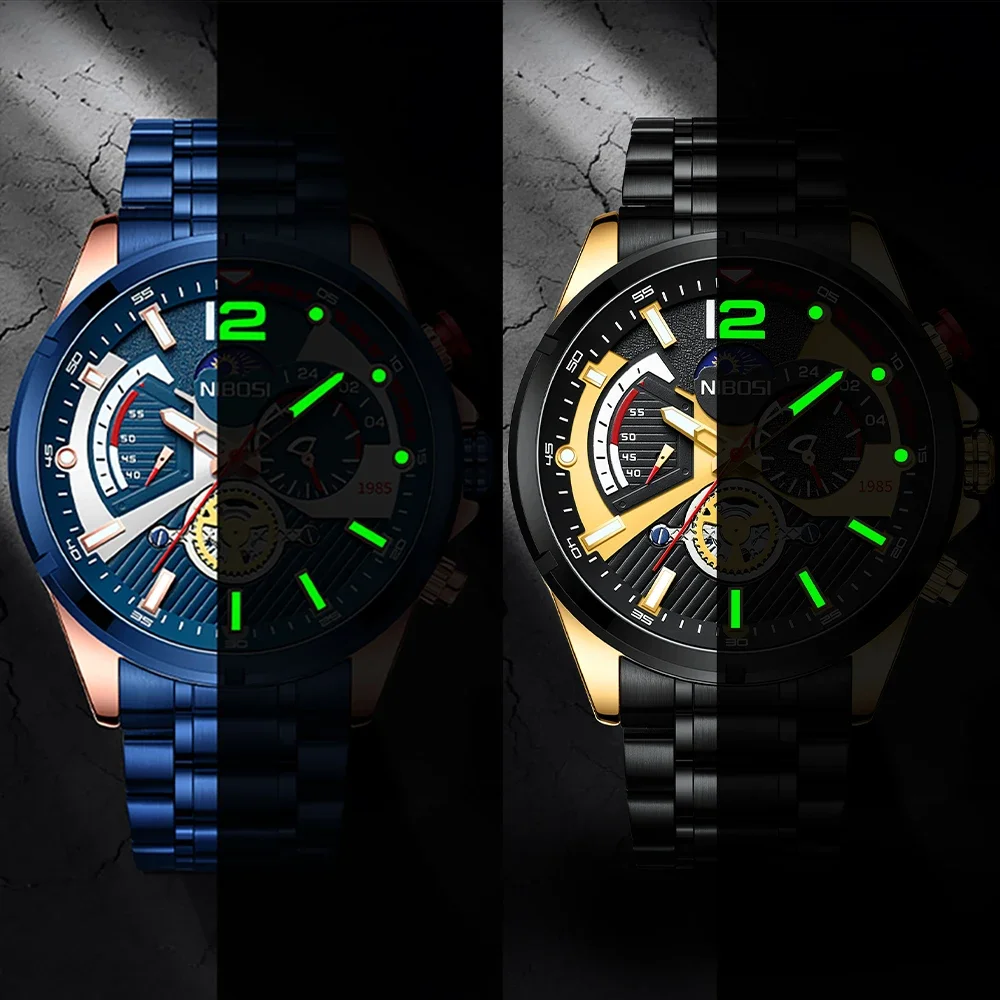 Nibosi-ساعة كوارتز للرجال ، كرونوغراف من الفولاذ المقاوم للصدأ ، مقاومة للماء ، تاريخ تلقائي ، علامة تجارية عالية ، أزياء