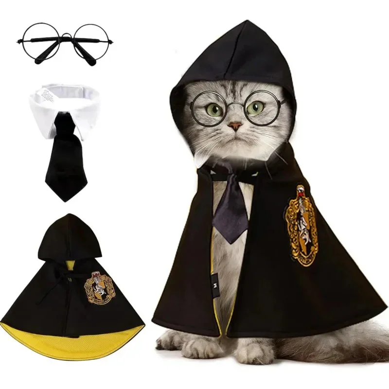 

Pet Halloween Magic Cloak Costume, Cosplay Outfit for Cats and Small Dogs with Glasses, Necktie and Shawl, Autumn Party Dress-Up