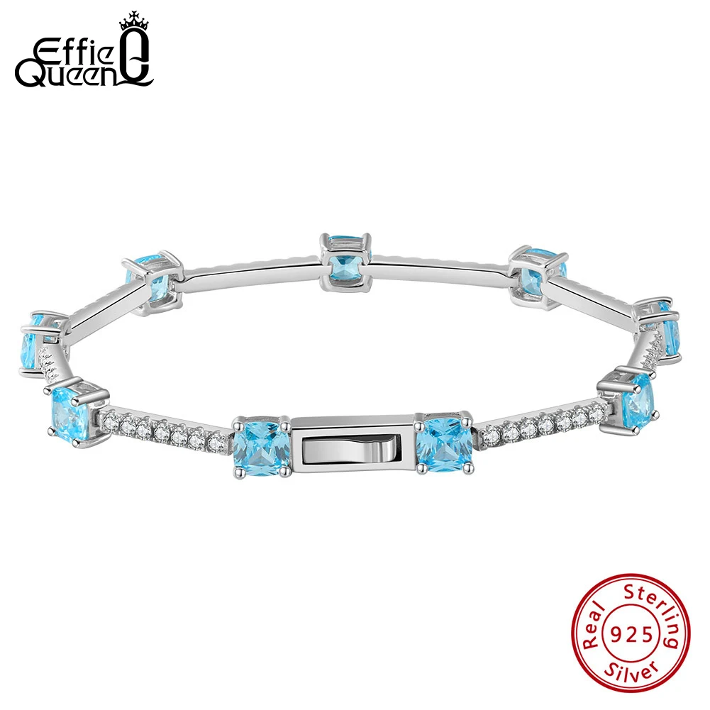 

EFFIE QUEEN 925 Sterling Silver Bracelet With AAAAA Sparkling Cubic Zirconia & 9 pcs Blue Acquamarine Decor Party Present LZB05