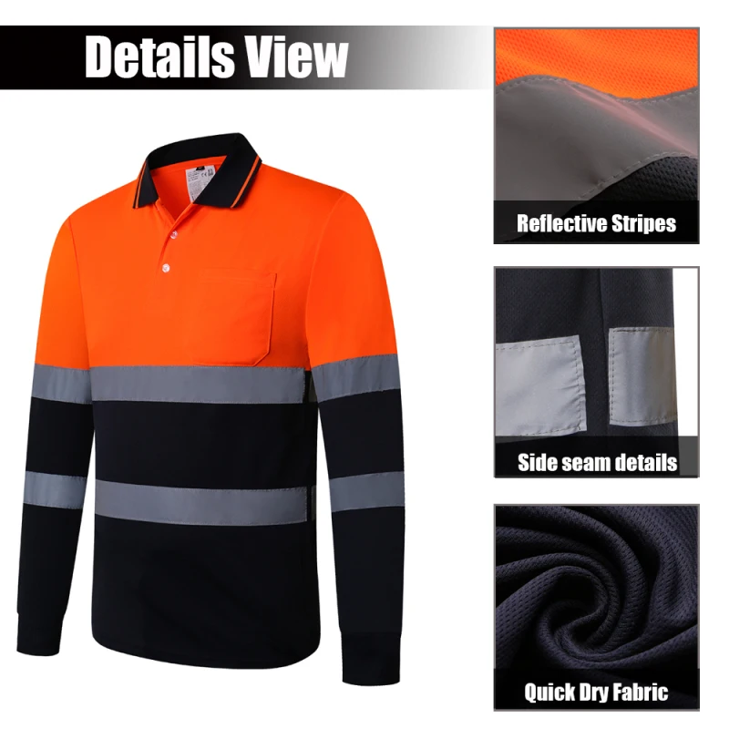 Two Tone Long Sleeve Safety Polo Shirt Orange High Visibility Reflective Shirt With Pockets Hi vis work shirt