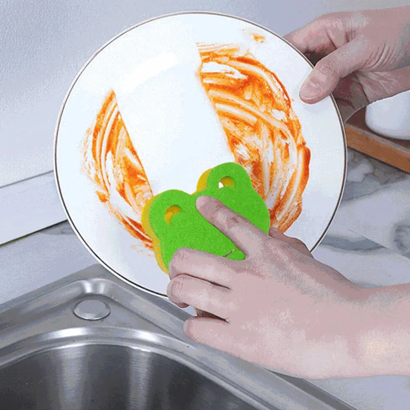 4Pcs Dishwashing Sponge Brush Frog Shape Creativity Soft Powerful Scouring Kitchenware Cleaner Household Bathroom Cleaning Tools