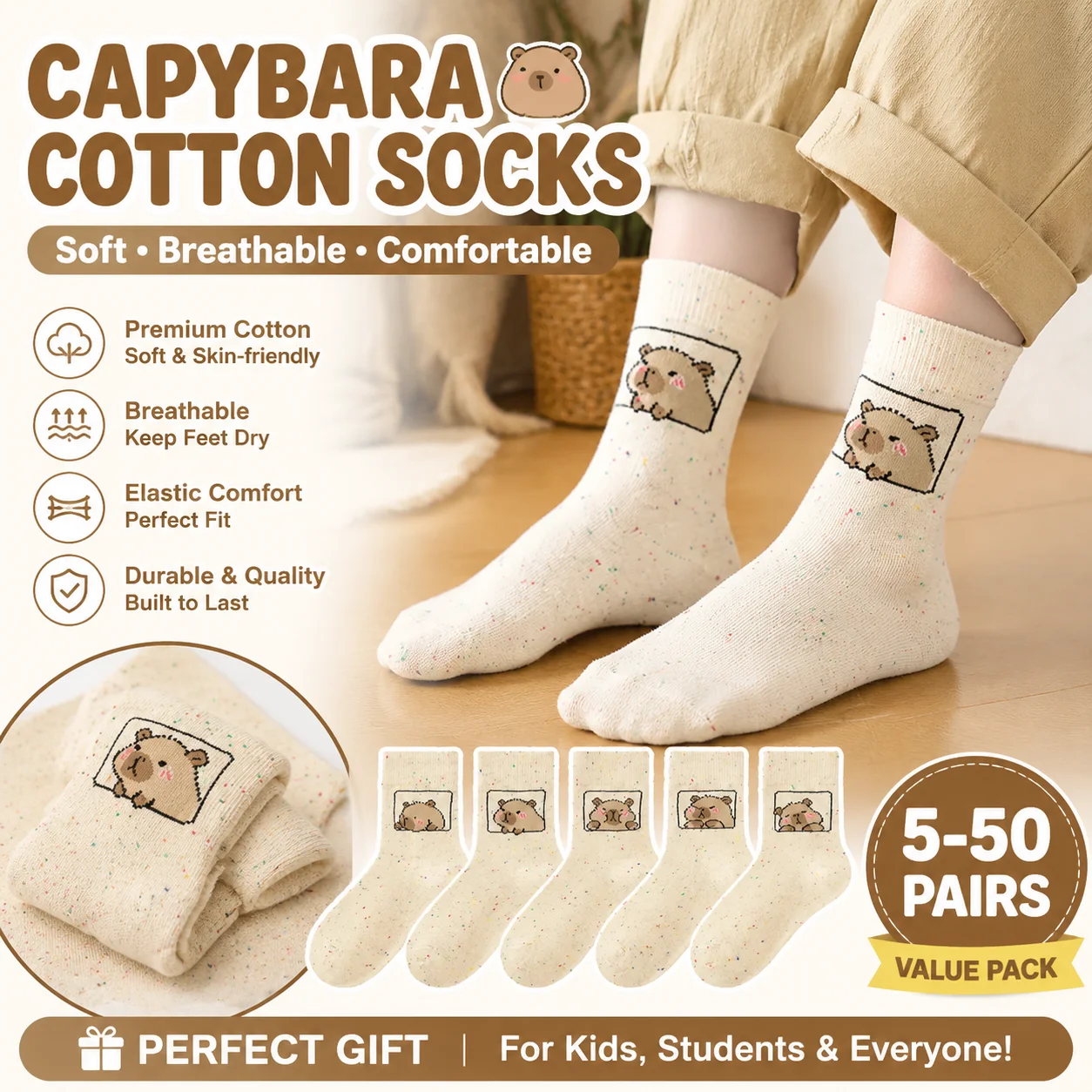 5-50Pairs High Quality Capybara Boy Girl Unisex School Student Children Cartoon Bear Soft Breathable Cotton Crew Socks Set