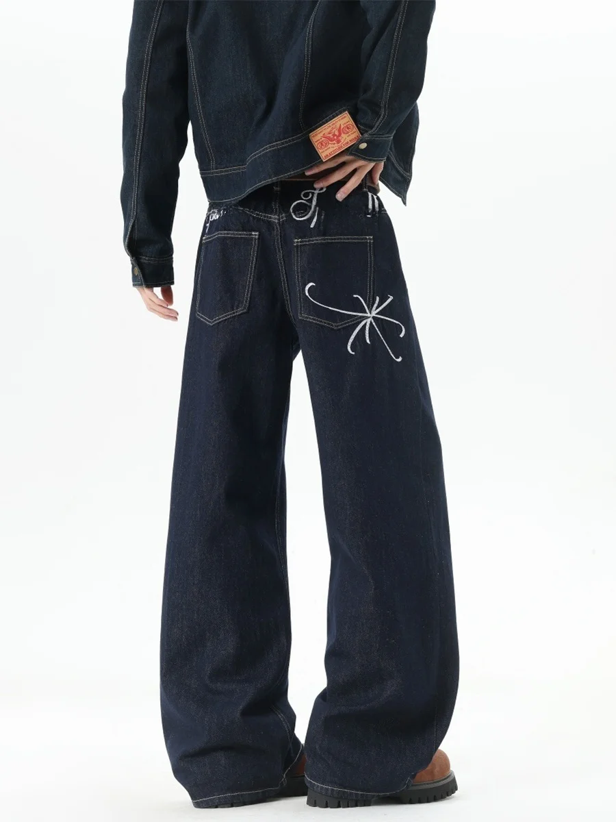 

American Retro Embroidered Jeans Men's Trendy High Street Cleanfit Original Loose Straight Leg Wide Leg Pants Cotton Polyeste...