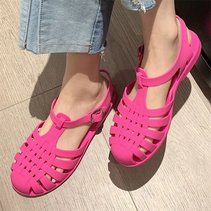 Women Rome Sandals Cut-out Gladiator Style Summer Shoes Soft PVC Peep Toe Girls Student Street Outdoor Sandals