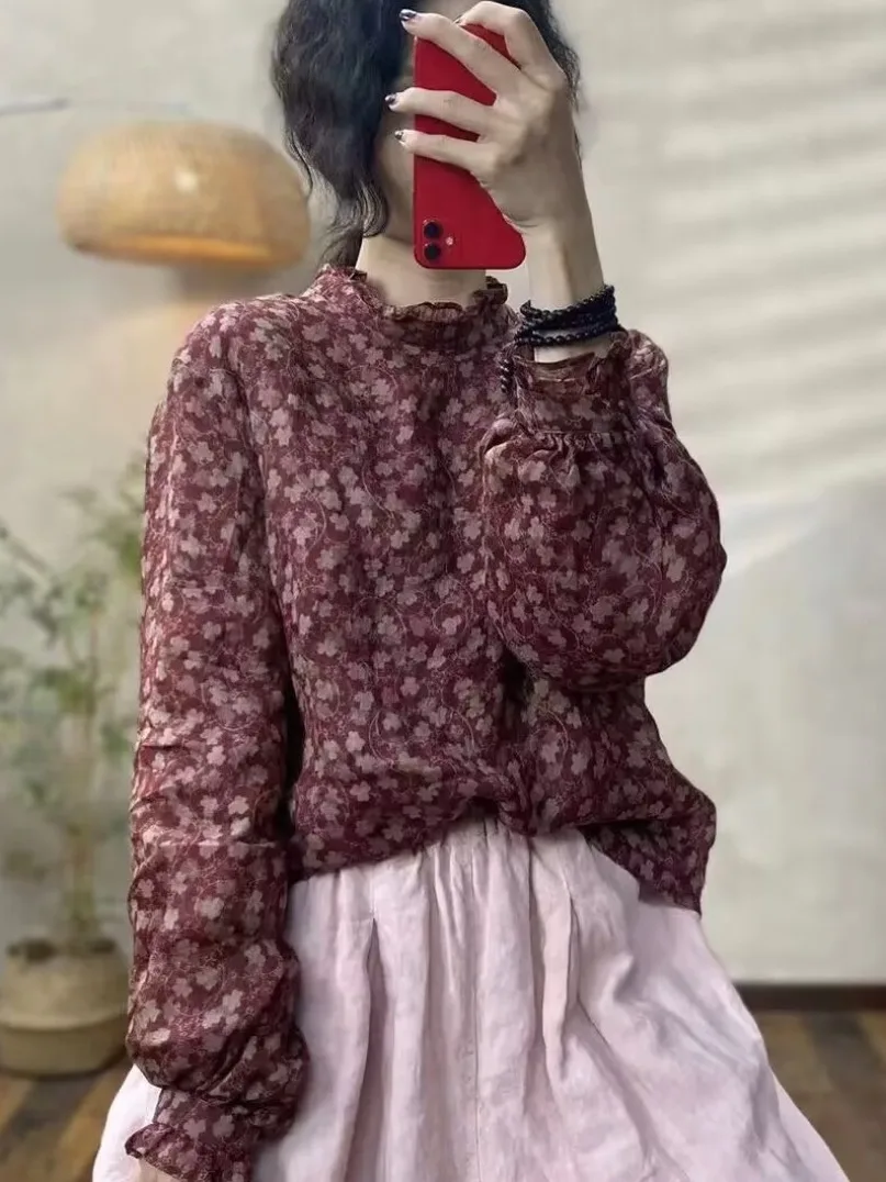 Warm Cotton Jacket Ladies Winter Fashion Retro Style Double Layer Cotton Insert  Silk Mushroom Collar Stand Collar Coat