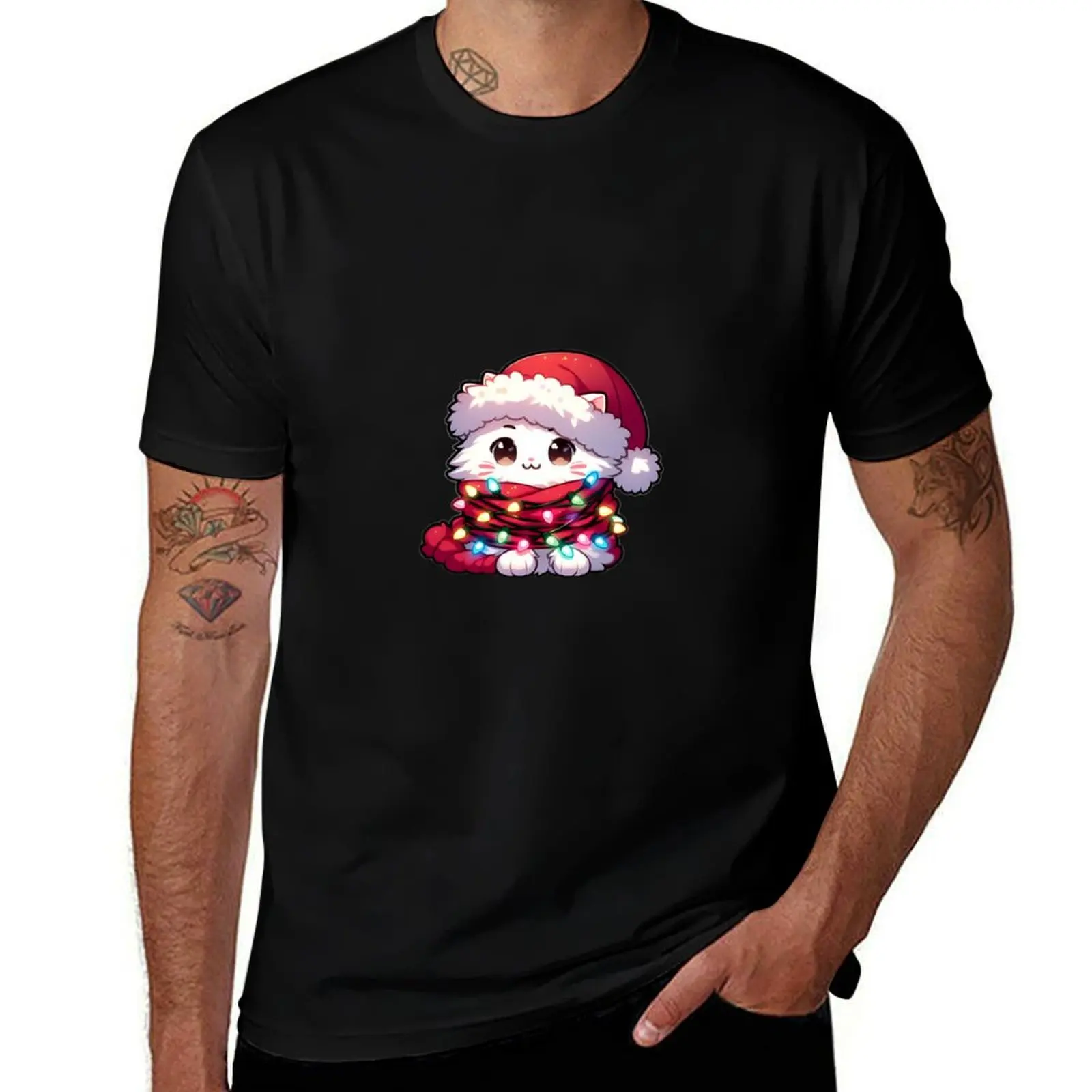 Luminous Feline Finesse: White Cat Christmas Tree Lights T-Shirt Casual Minimalist Short Sleeve Top T-Shirt