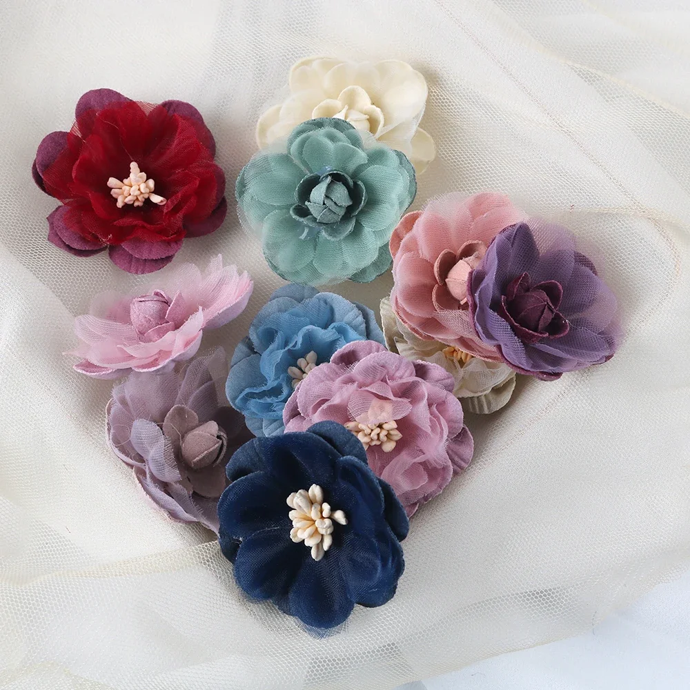 Flor de tecido DIY para mulheres e meninas, flor roseta rolada, broche artesanal, chapéu, sapatos, flores de tecido, acessórios para cabelo, 10PCs