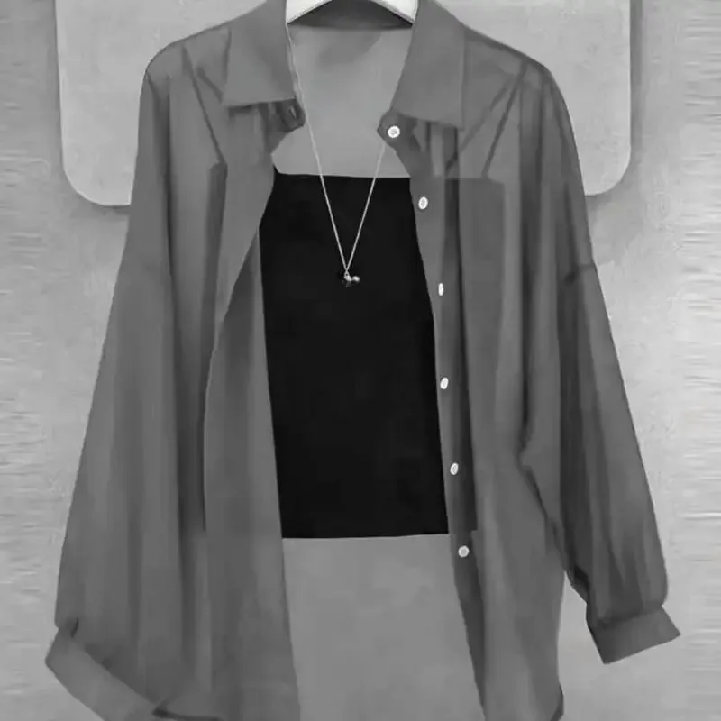 New Women's Shirt | Lightweight Breathable, Solid Color, Straight Button Placket, Lapel, Long-Sleeve, Outerwear & Sun-Protective