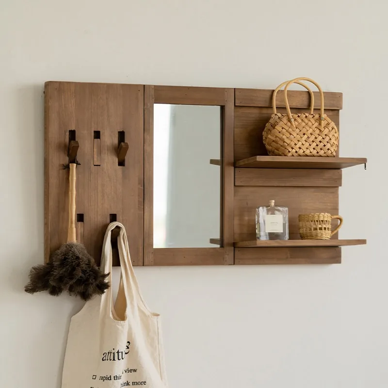 Home Furnishing Homestay Retro Solid Wood Shelf Wall Household Display Rack, Makeup Mirror Wabi Sabi Wind Wall Shelf