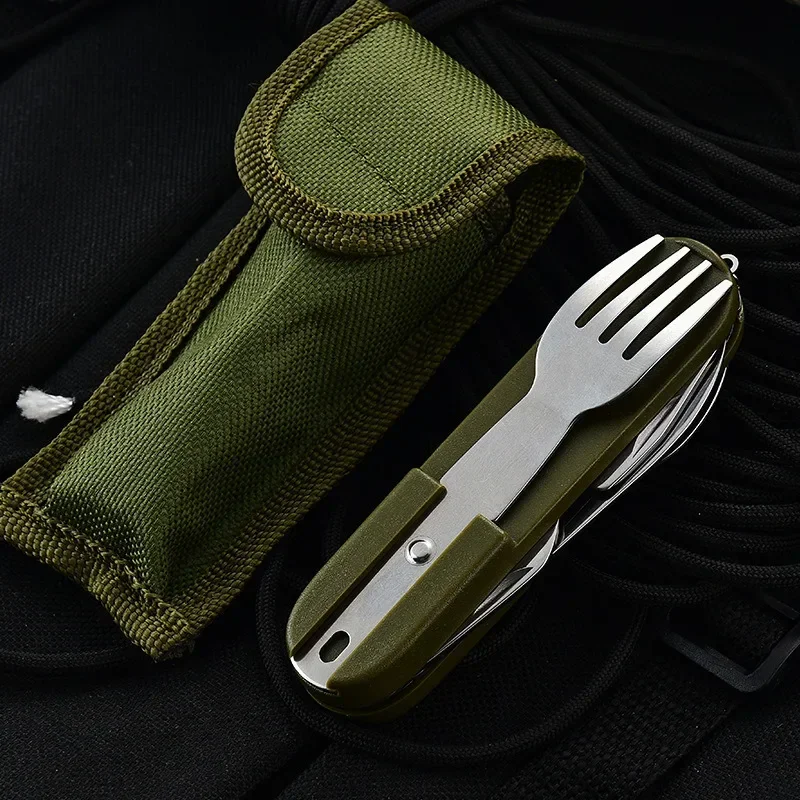 

Hot Sale Tablespoon Set 3 In 1 Foldable Spoon Knife Fork Bottle Opener Stainless Steel Folding Pocket Kits Outdoor Tableware Set