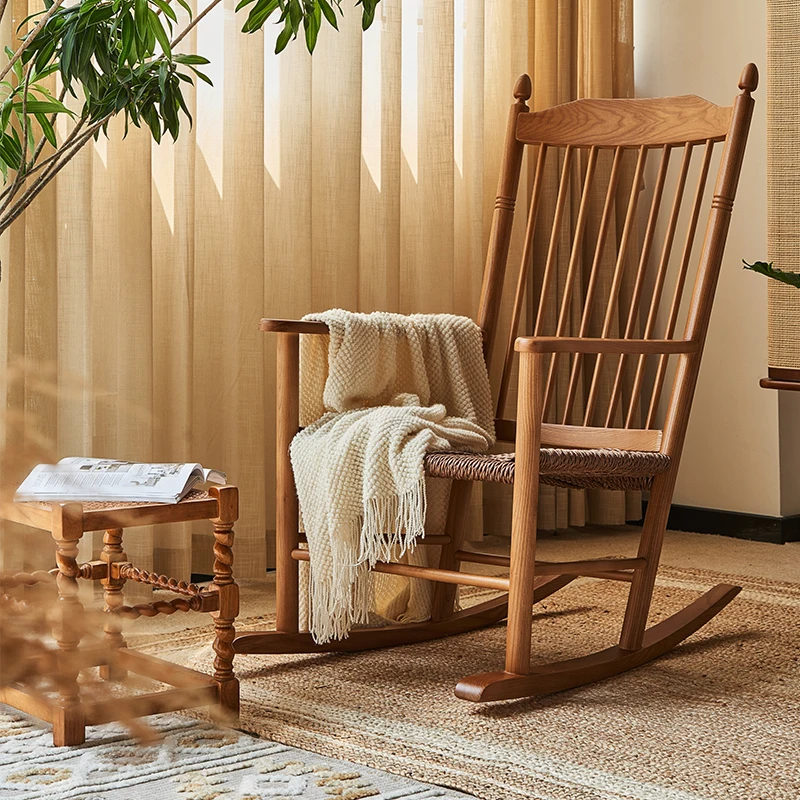 Solid wood rocking chair, rope braided rocking chair, vintage, rocking chair with armrests, high backrest, B&B living room