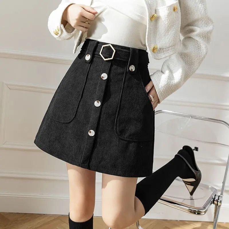 Retro Corduroy Midi Skirt for Women\'s Spring Wear 2024 Korean New Item Slim and High Waist A-line Wrapped Hip Skirt Short Skirt