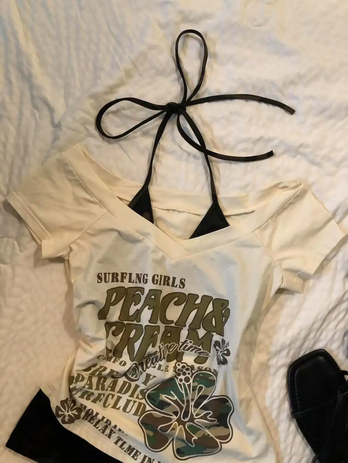 American Retro Vintage Printed Short Sleeved T-shirt Y2K Letter Graphic 2 In 1 Tie Up Slim Fitting Streetwear Tees Lady Clothes