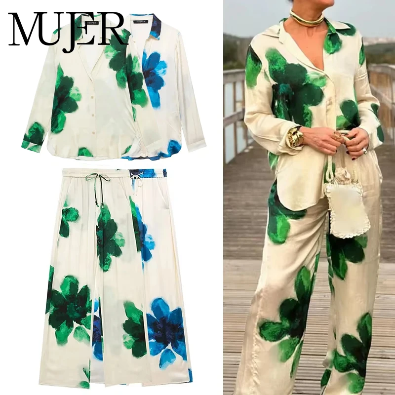 

MUJER 2025 Women's Pants Set Print Long Sleeve Shirt Woman Fashion Baggy Pants Sets For Women 2 Pieces Holiday Summer Outfits