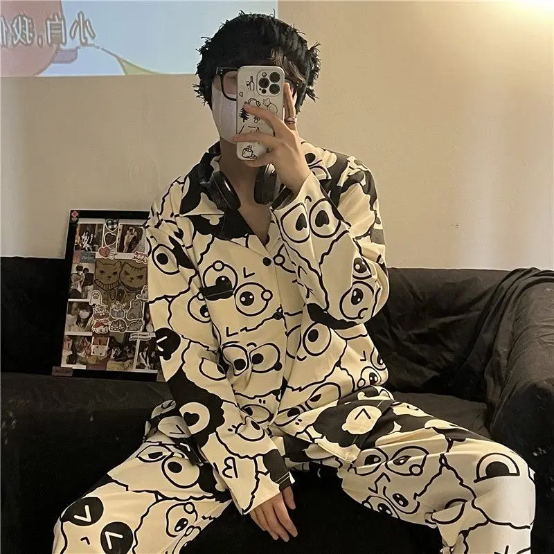 Sleepwear Korean Couples Pajamas Spring and Autumn Women\'s Pajamas Long-sleeved Trousers Cartoon Homewear V-neck Pajama Sets