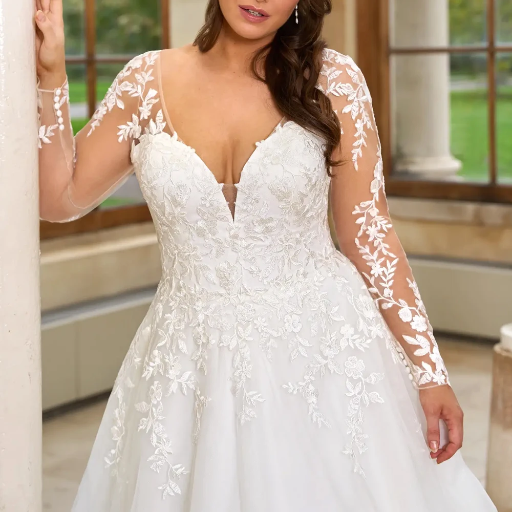 Maßgeschneiderte Brautkleider mit tiefem V-Ausschnitt, vollen Ärmeln, Brautkleid, Applikation, Schnürung, Bback, Ballkleid, Tüll, Vestido de Novia