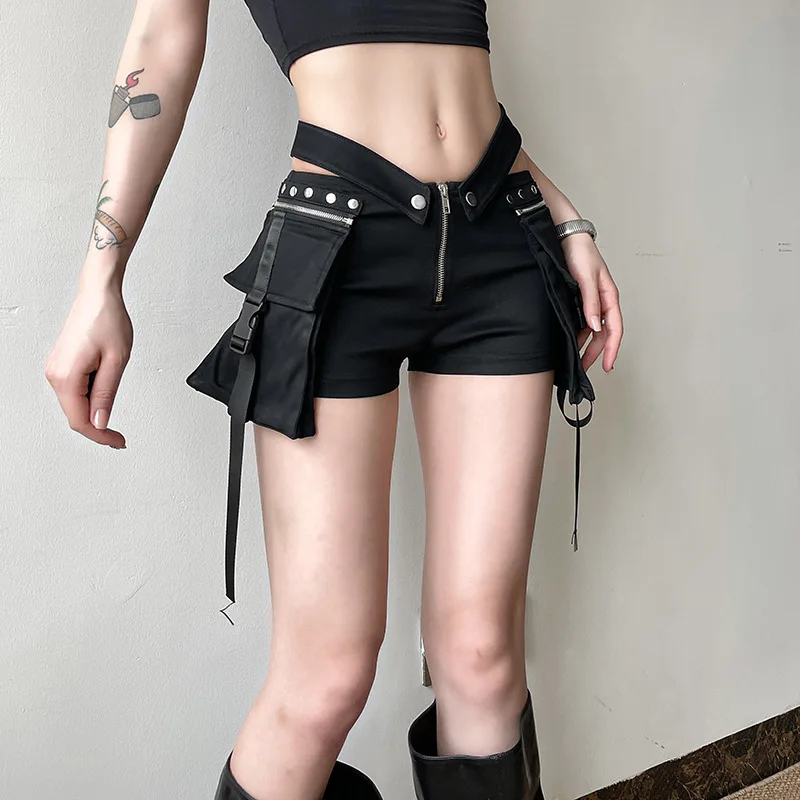 เอวรูปตัววี Street Dark เซ็กซี่ส่วนบุคคล, กระเป๋าขนาดใหญ่สามมิติ, กางเกงขาสั้นเต้นรําบาง