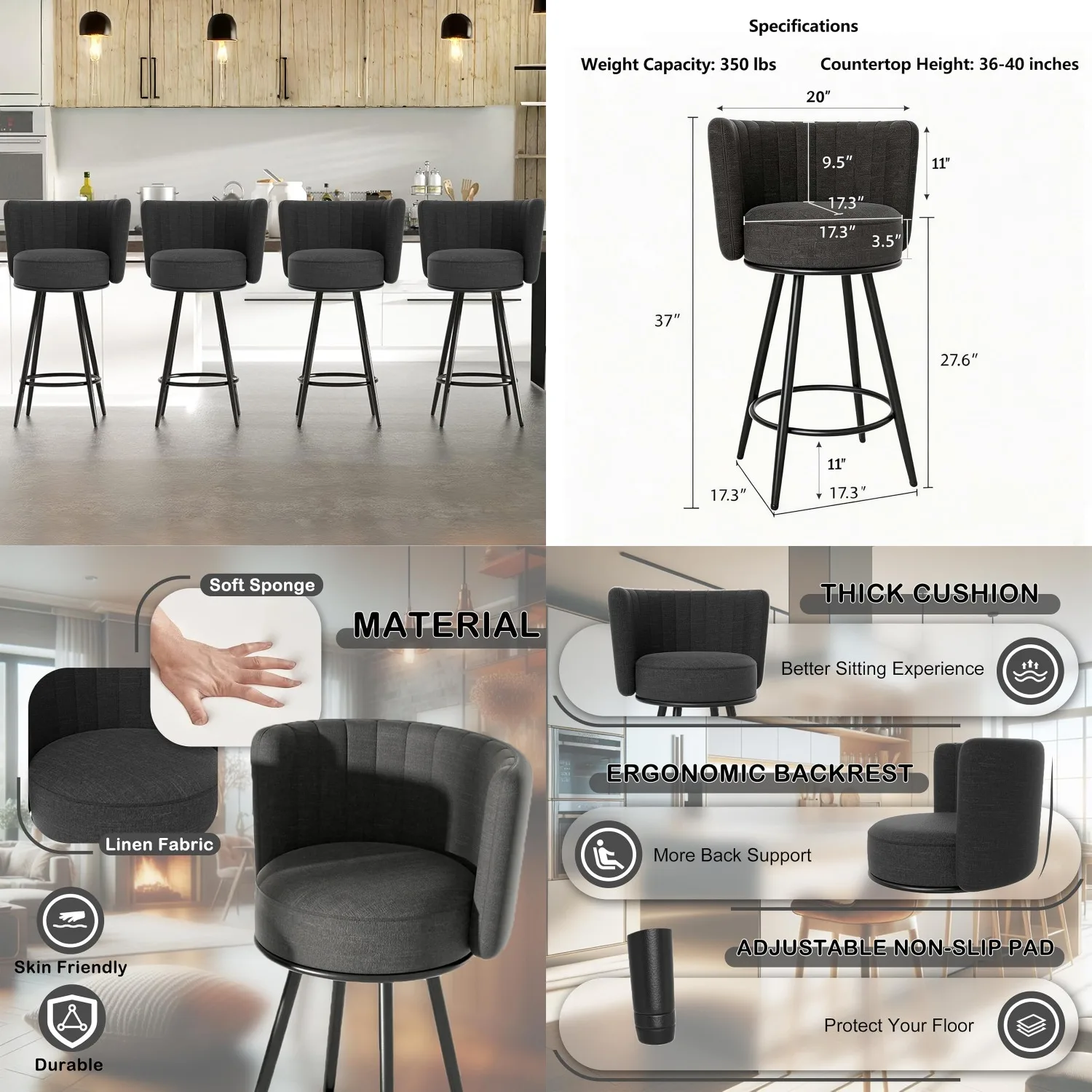 

27in Tufted Counter Height Bar Stools Set of 4 Upholstered Back Footrest Metal Legs Kitchen Island Cafe Dining Room Customized