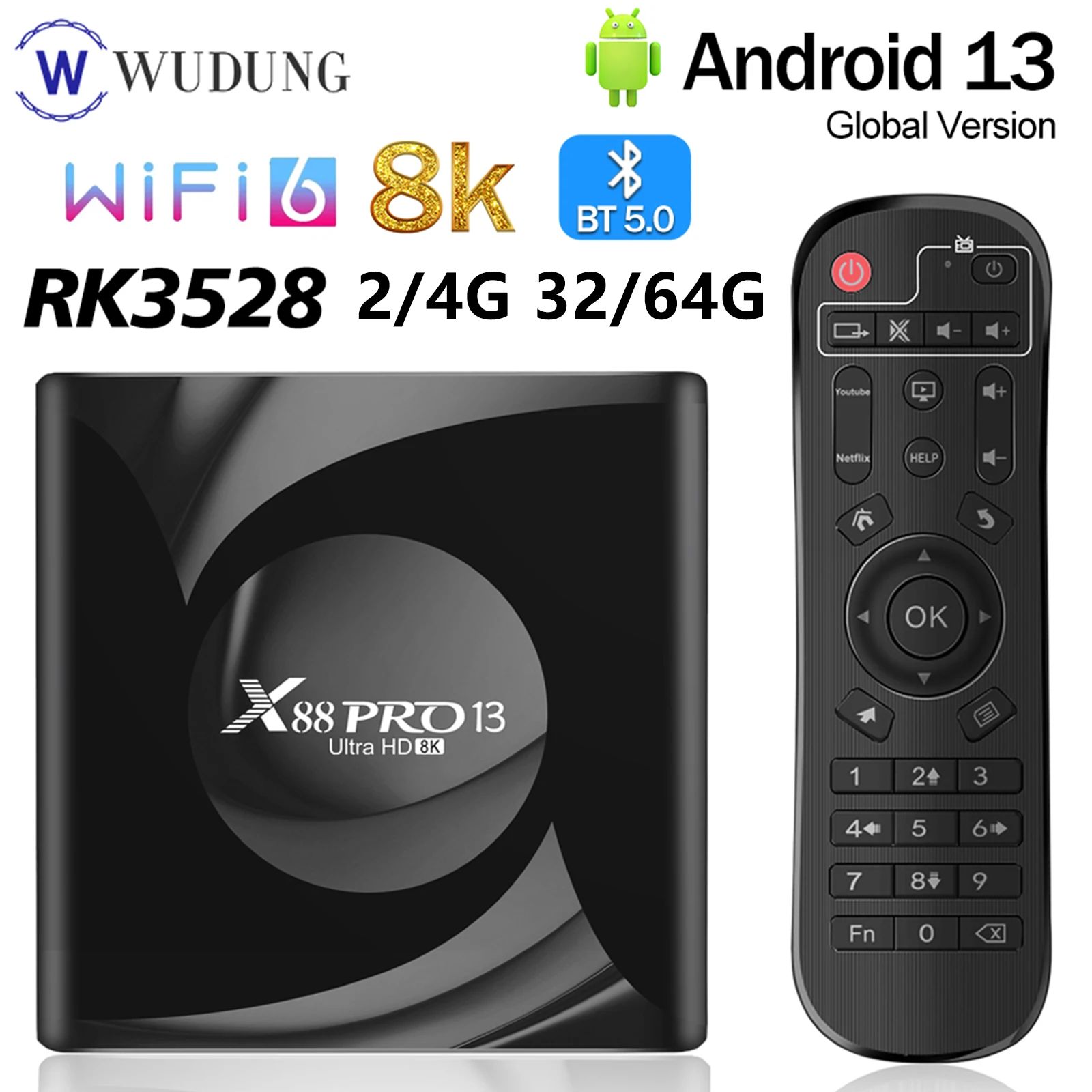 X88 Pro 13 Android TV BOX 2G 16G 4G 32/64G RK3528 8K HD Smart TV Box Android 13 Set Top Box Wifi6 BT5.0 2.4 & 5G Media Player