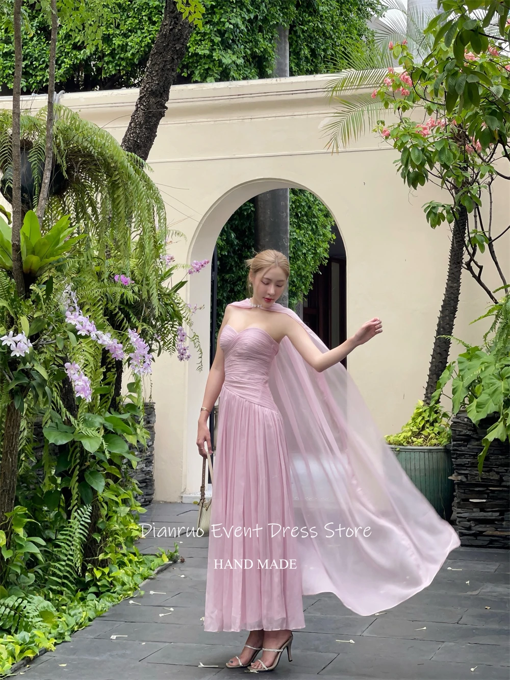 Dianruo-vestido De noche De estilo capa con forma De corazón, Vestidos De fiesta fruncidos fluidos De gasa, vestidos románticos De línea A personalizados