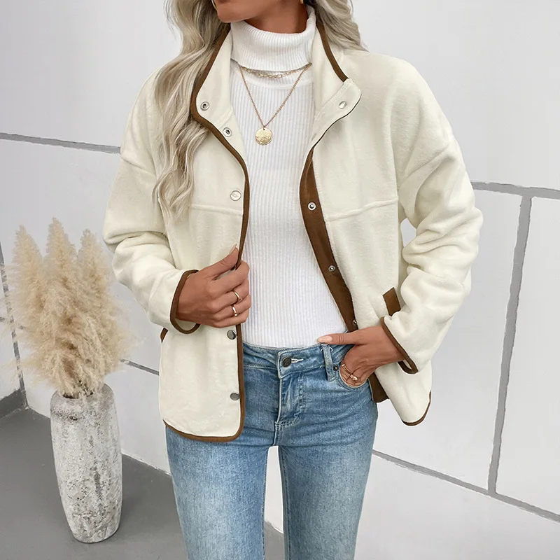 

2025 Color-blocking Fleece Cardigan, New Autumn and Winter Women's Short-length Stand-collar Casual Jacket with Lining