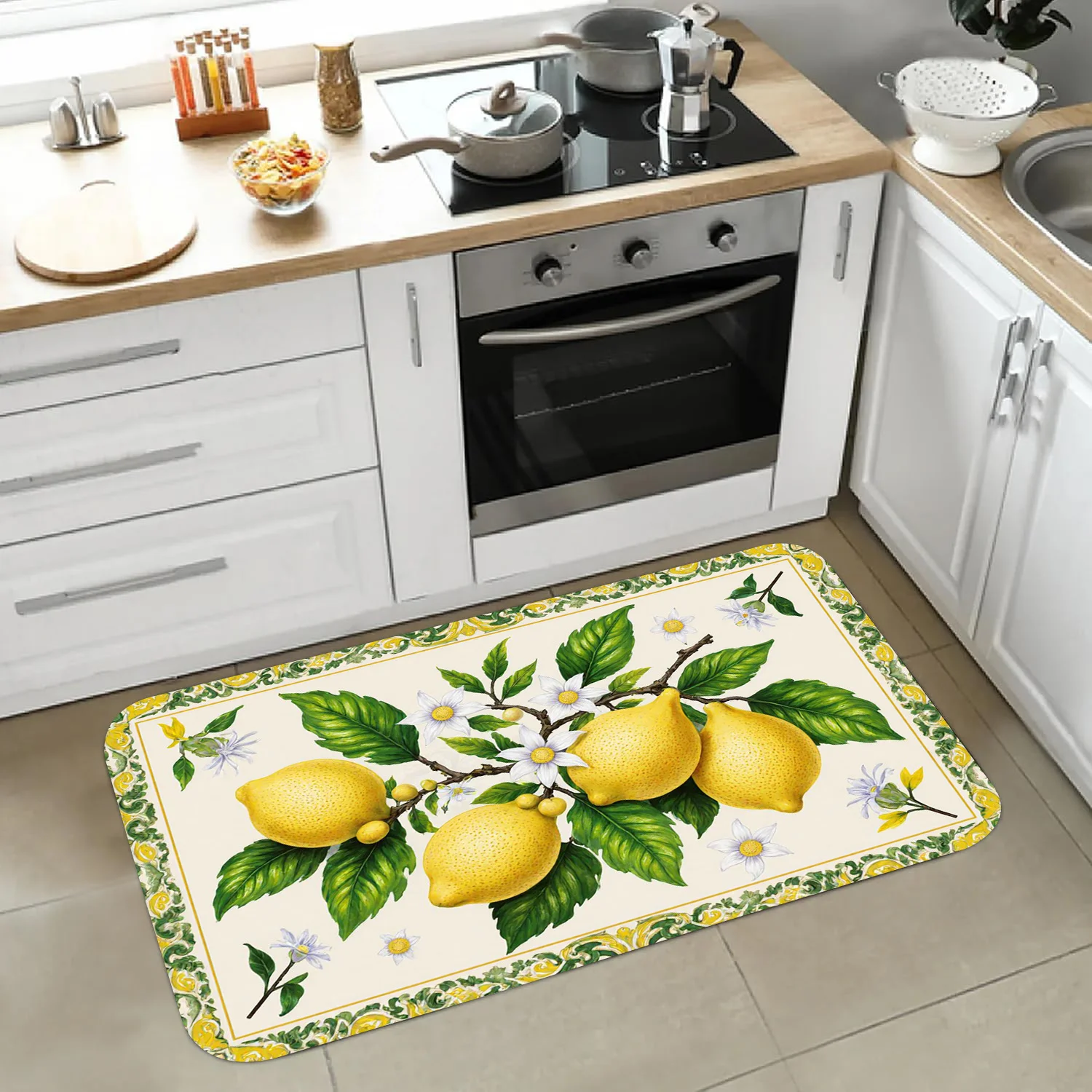 Mediterranean Style Lemon Branch Kitchen Rug  Yellow Lemon Flower Pattern Anti Slip Stain Resistant Indoor Kitchen Runner Mat