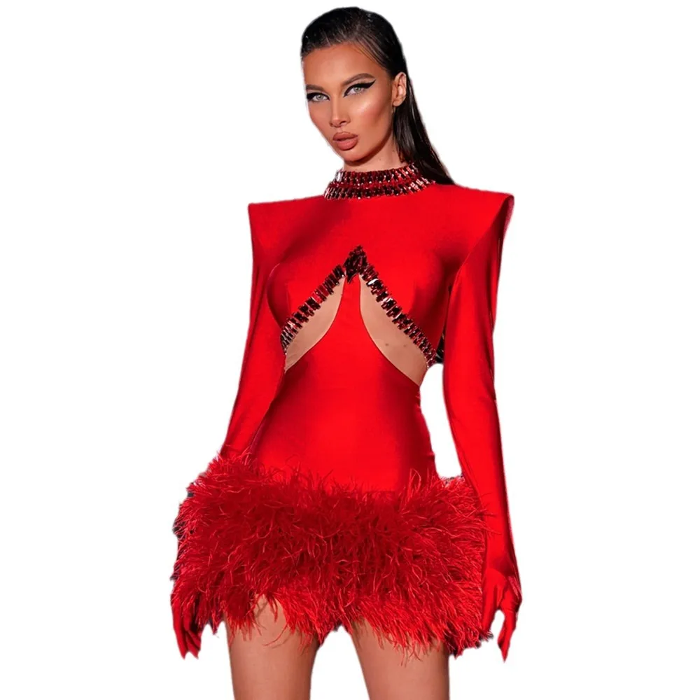 Big Red Ostrich Hair Bandage Fashionable And Sexy Water Diamond Cutout Party Dress