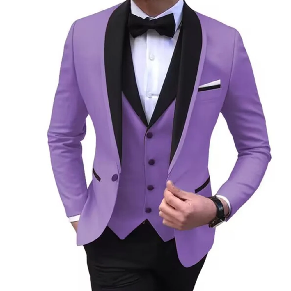 Conjunto masculino casual slim fit smoking de 3 peças – terno formal de negócios de cor sólida com lapela xale blazer de um botão colete calças