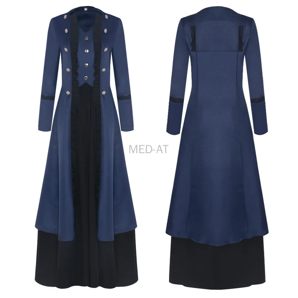 Gothic Women Vintage Dress Coat 19th Century Lady Long Coat With Skirt Slim Fit Ruffles Elegant Navy Jacket Cosplay Medieval