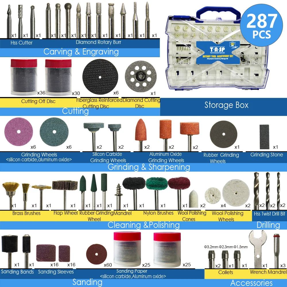 TASP-Juego de accesorios de herramientas rotativas eléctricas, 287 piezas, Herramientas abrasivas para Dremel, Mini taladro, lijado, perforación,