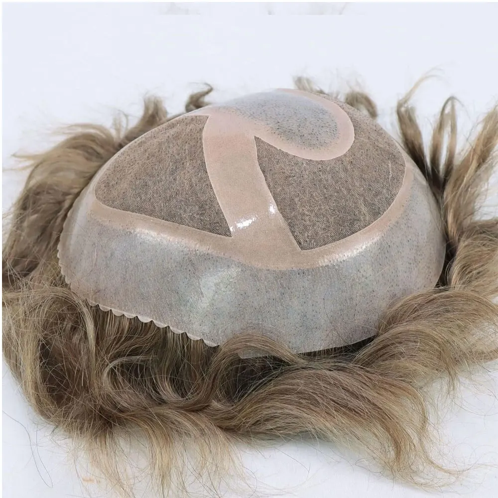 18# Light Brown Remy Human Hair Toupee for Men Mono Lace with PU Knots Hair System for Men's Wigs 8x10Inch