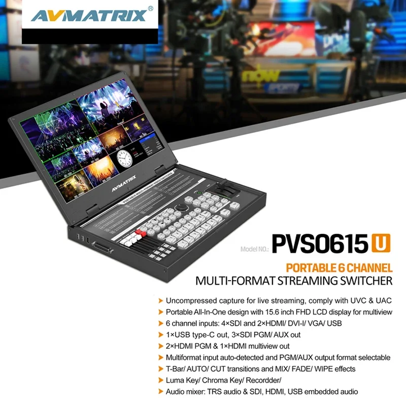 AVMATRIX PVS0615U 15.6 Inch Portable 6 CH Multi-Format Streaming Switcher with USB Capture For Streaming and T-Bar Transition