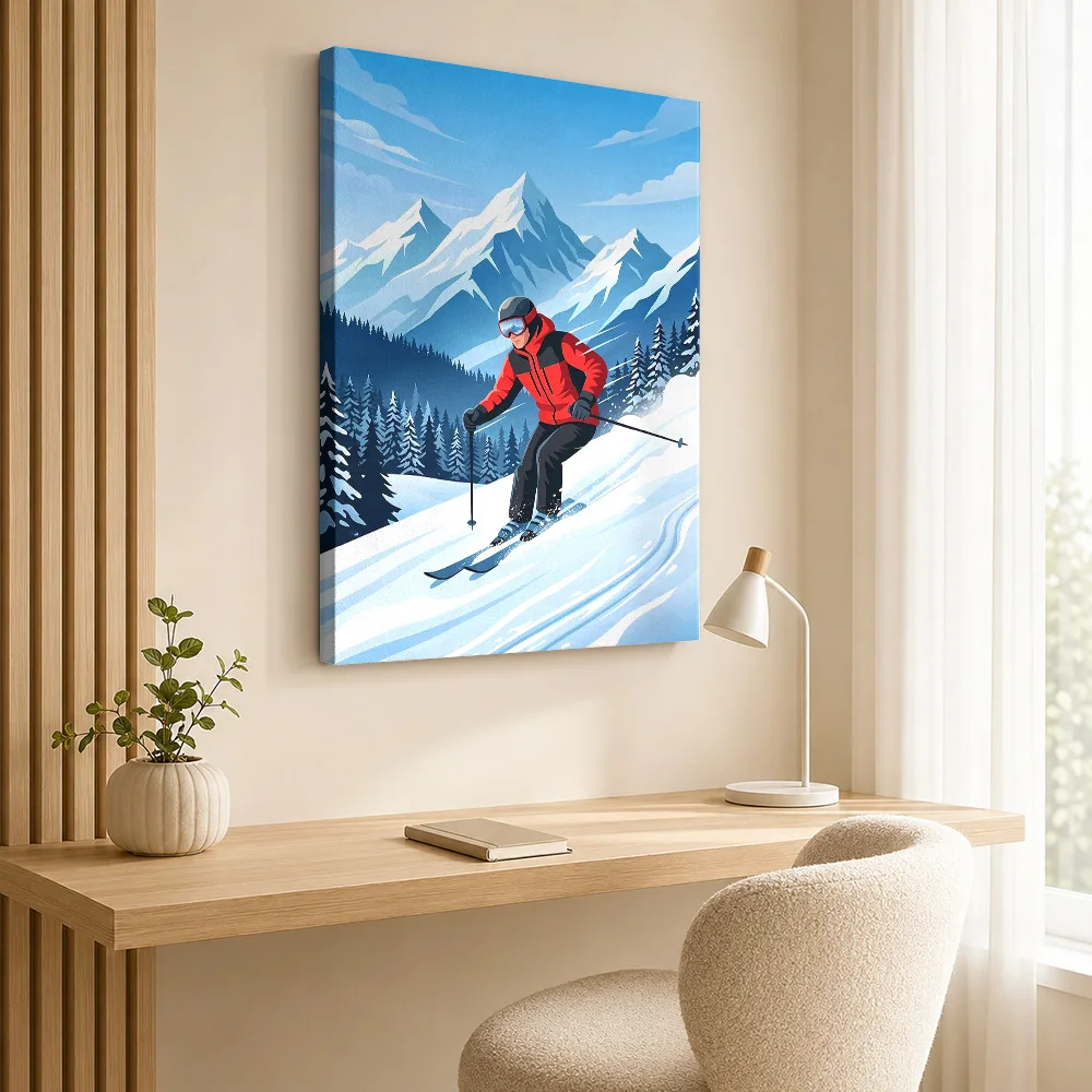 Skier on Snowy Mountain Slope Canvas Poster Custom Sports Portrait Wall Paintings Decoration for Game Room Gift for Collectors