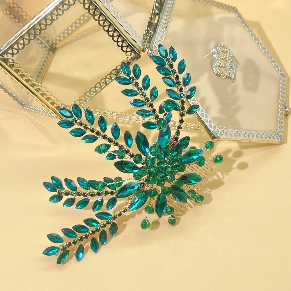 

DZ138 Green Bridal Hair Piece Rhinestone Headband For Women And Girls Headdress Hair Clip Barrettes Bridal Hairpin Hair Comb