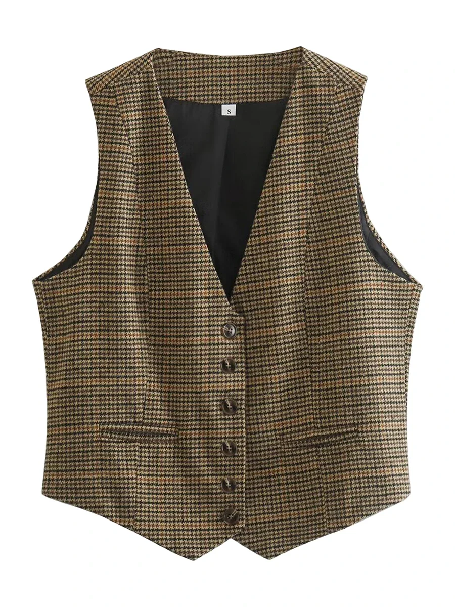 

Y2K Vintage Plaid Women Waistcoa Vest Sleeveless Houndstooh Button Vest Outwear Gilet for Casual Streetwear