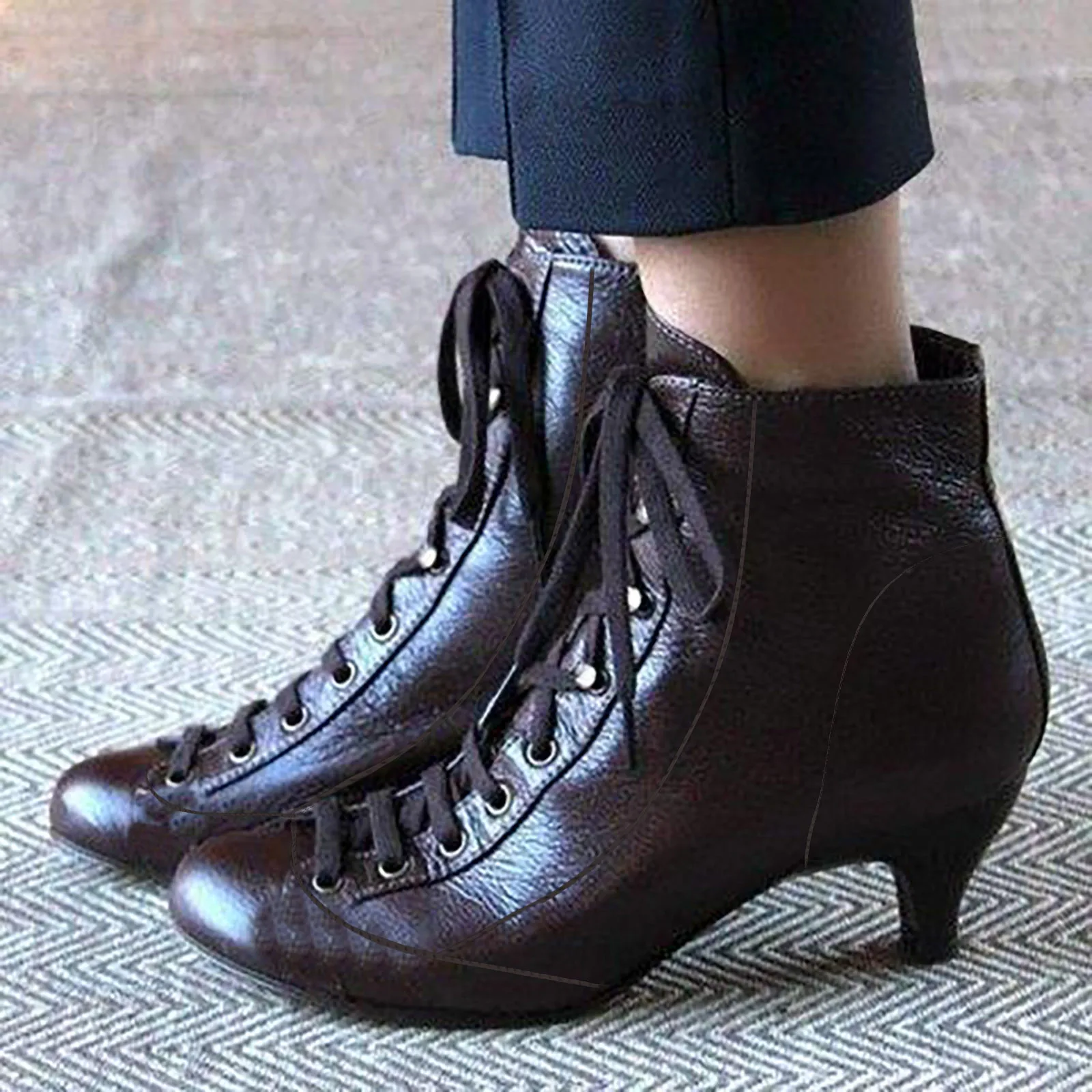 

Women's Boots 2024 Autumn Winter Solid Color Tie Up Middle Heel Short Boots Fashion Round Toe Low Thin Heels Elegant Ladies Boot