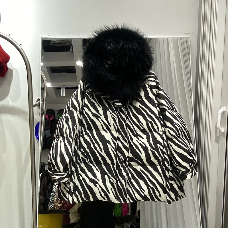 Winter Luxury Leopard Print Fur Jacket Female Natural Big Fur Collar Down Jacket Women Oversized White Duck Down Zipper Outwear