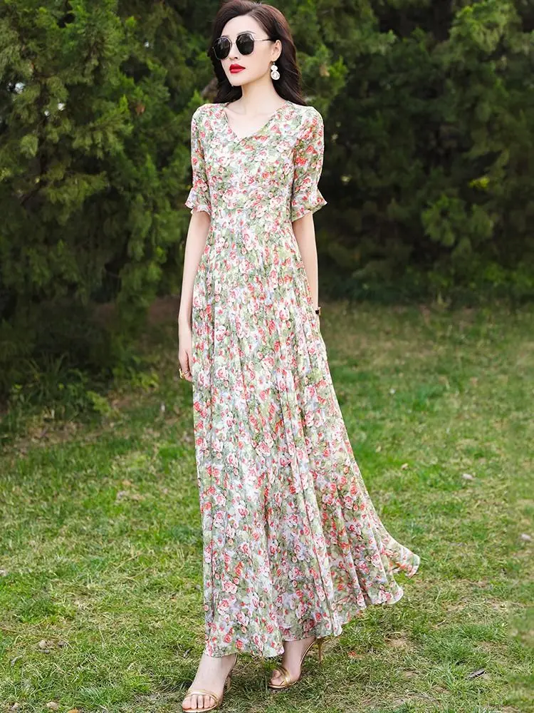 

Spring Summer New Women's Printed Dress Elegant and Fashionable Ins Vacation Beach Style Casual V-Neck Long Chiffon Dress S142