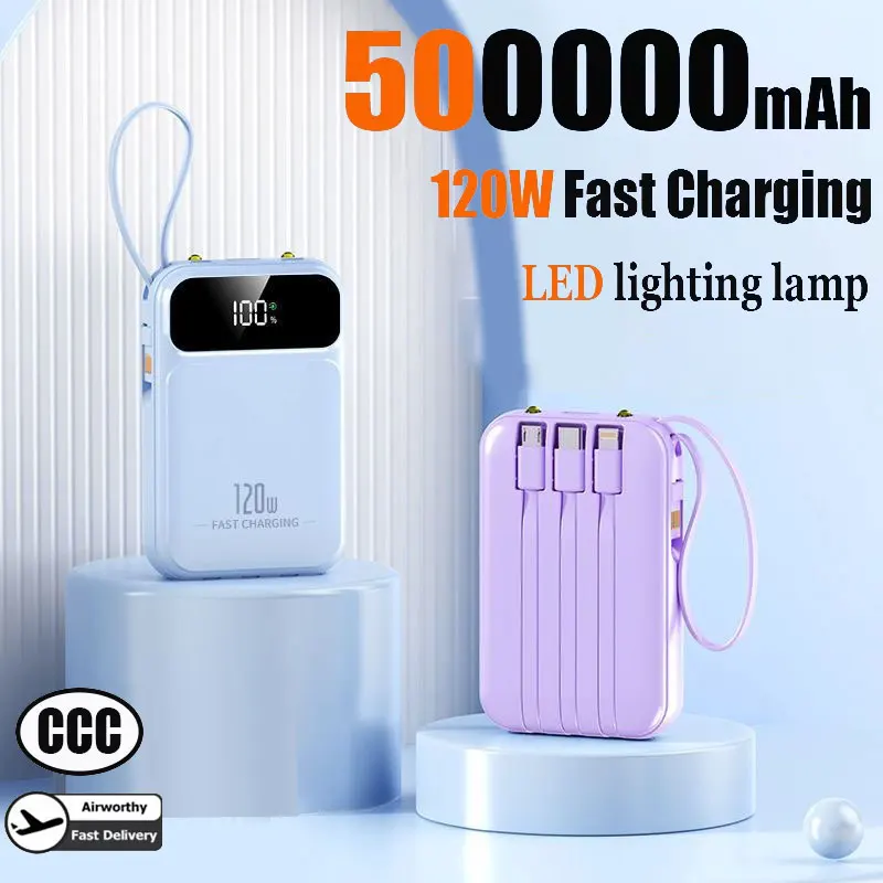 500000mAh Large Capacity Power Bank 120W Super Fast Charging External Battery Built in 4 Cables for iPhone Samsung 2026 New