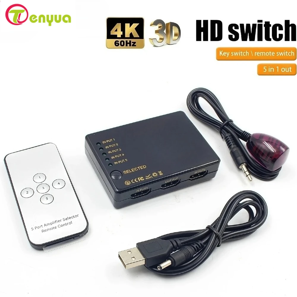 1x5 Port 5 input in to 1 Switch Selector Splitter Hub HD 4K*2K HD-compatible Switcher With IR Remote 3D for PS3 Xbox 360 HDTV