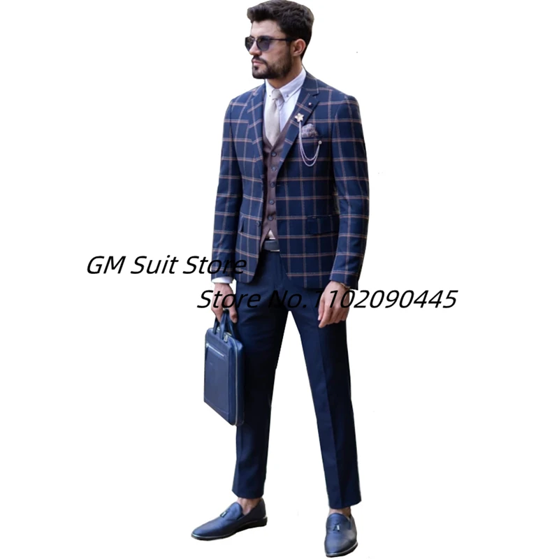 2022 New Fashion Men Plaid Dress Suit Slim Fit 3-Piece Blazer Formal Business Jacket Vest Pants Costume Homme