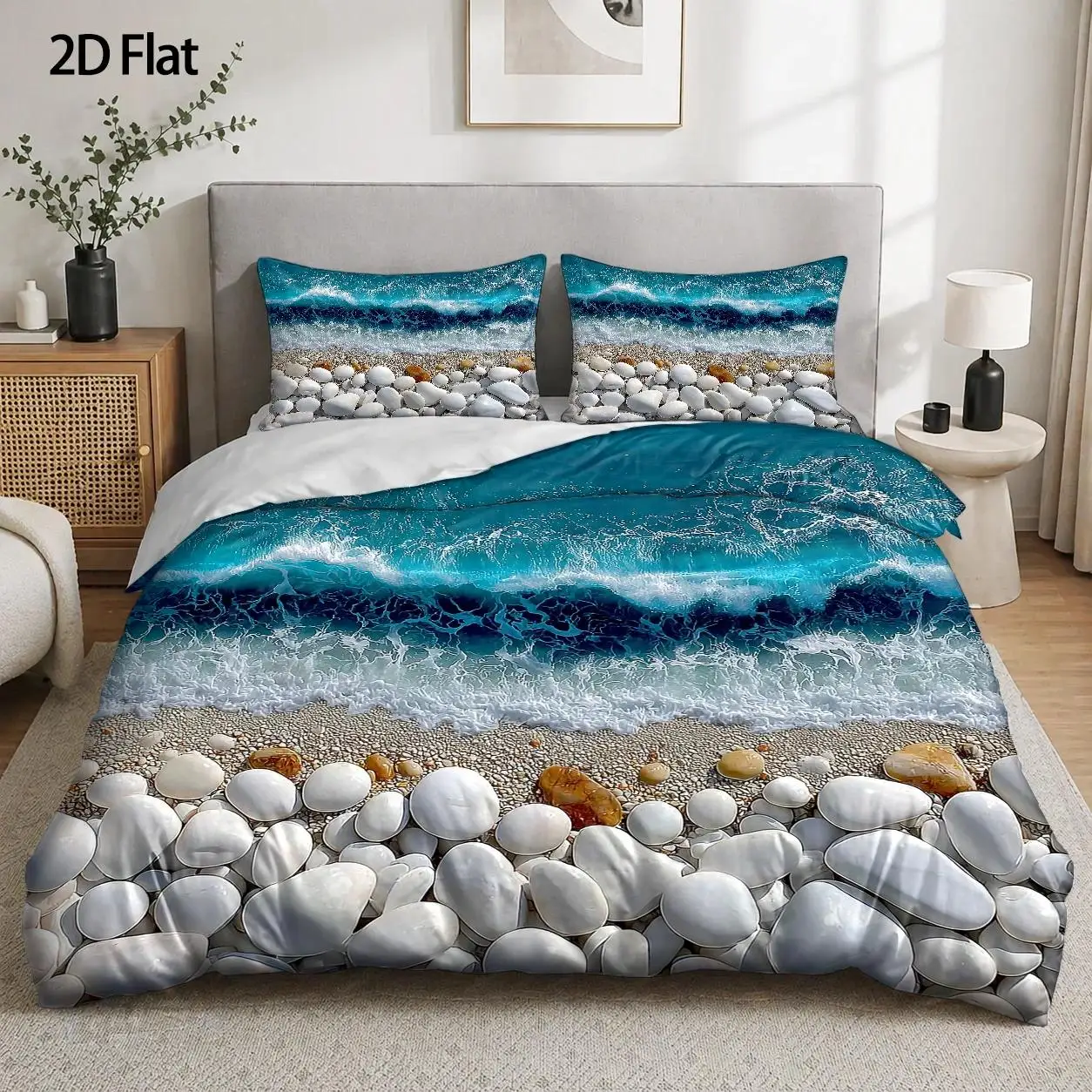 3 Piece Duvet Cover Set Blue Ocean Waves Beach Theme Bedding Set Invisible Zipper Machine Washable Summer Seaside Bed Cover