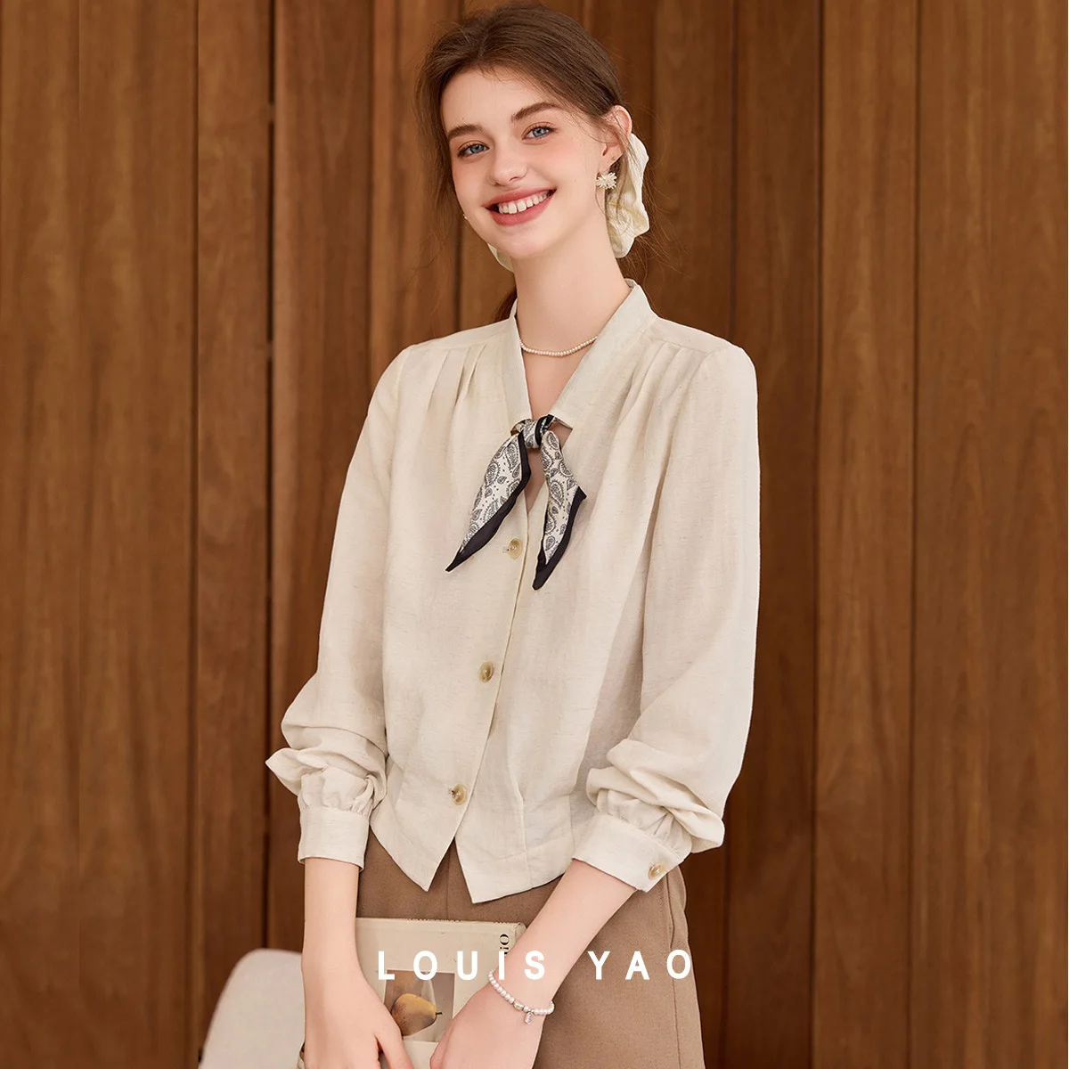 LOUIS YAO Solid Color Lyocell Fabric Shirt 2025 Autumn Elegant Women Blouses Long Sleeved Women's Shirt with Detachable Tie