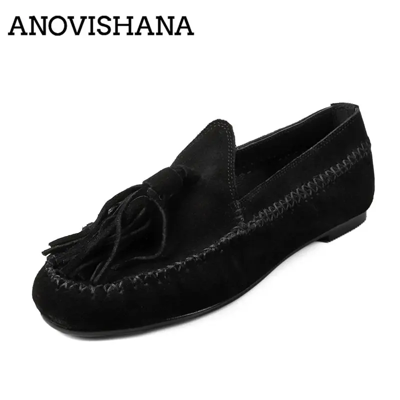 ANOVISHANA Ins Cow Velvet Genuine Leather Women Ballet Flats Slip-On Loafers Fringe Comfy Relaxed Trend Lady By Hand Winter