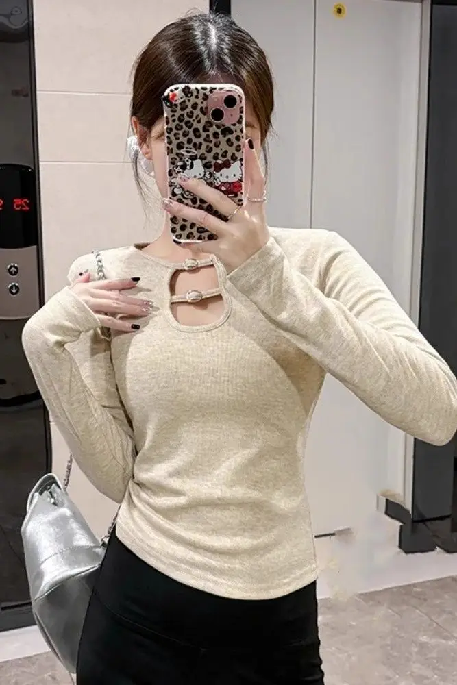 

Hollow Design Long-Sleeved T-Shirt Women Autumn Winter New Niche Design Sense Inner Slim Fit Slim Base Top