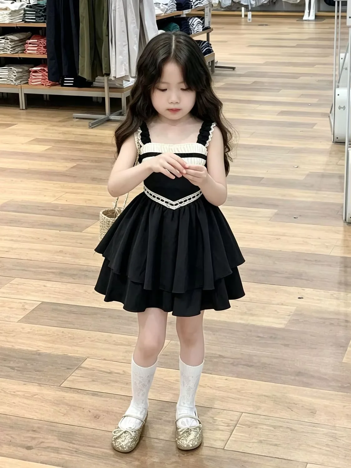 2026 New Girls Black Dress Summer Sweet Flutter Sleeve Strap Dress Fitted Waist Kids Princess Clothing