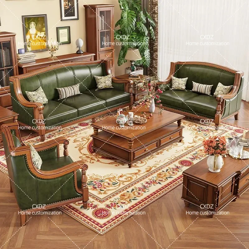 Retro Solid Wood Leather Sofa First Layer Cowhide Simple Beautiful Living Room Villa Four Seater Combination