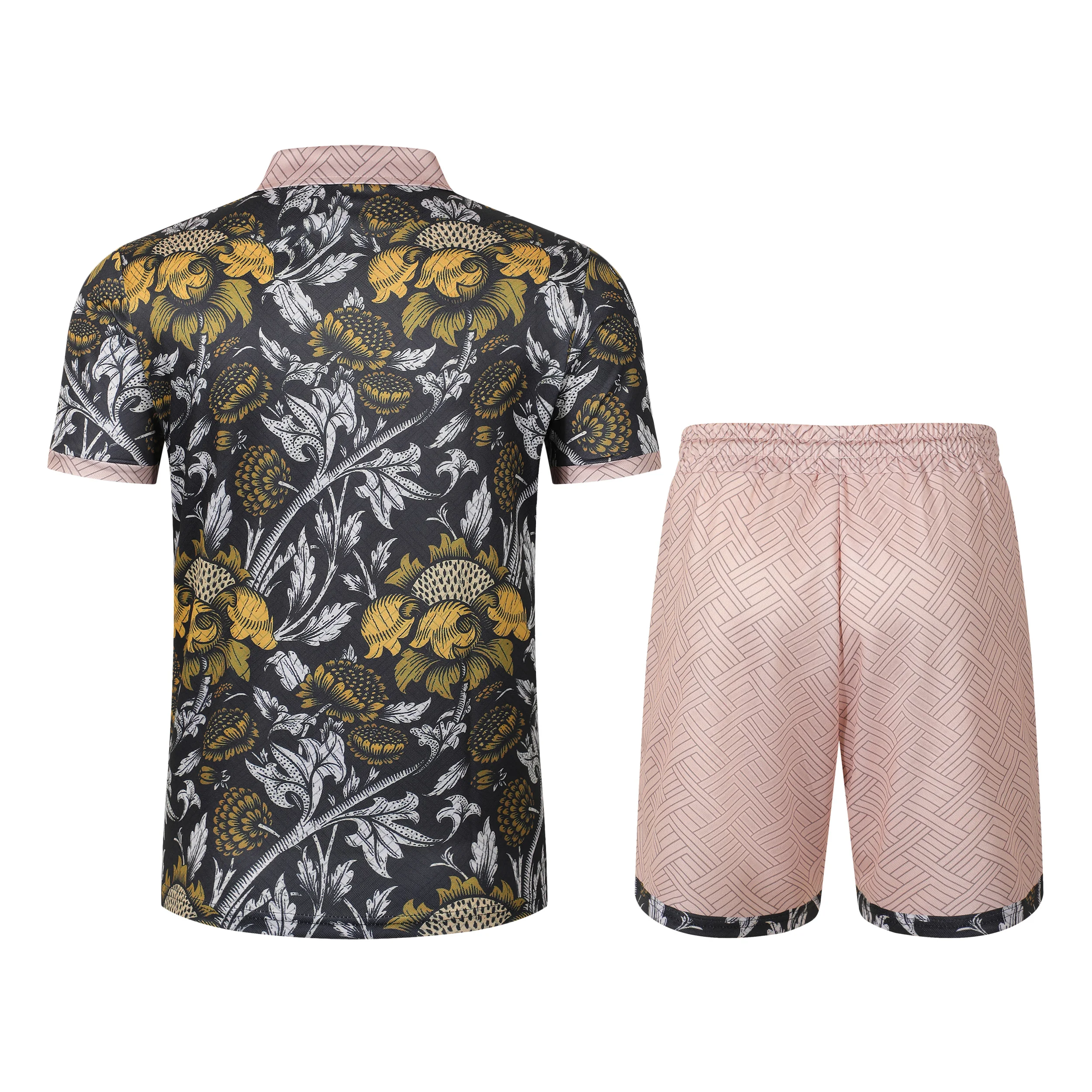 Men Floral Print 2 Piece Set, Quarter Zip Short Sleeve Polo Shirt with Drawstring Shorts, Summer Beach Casual Matching Outfit view 2