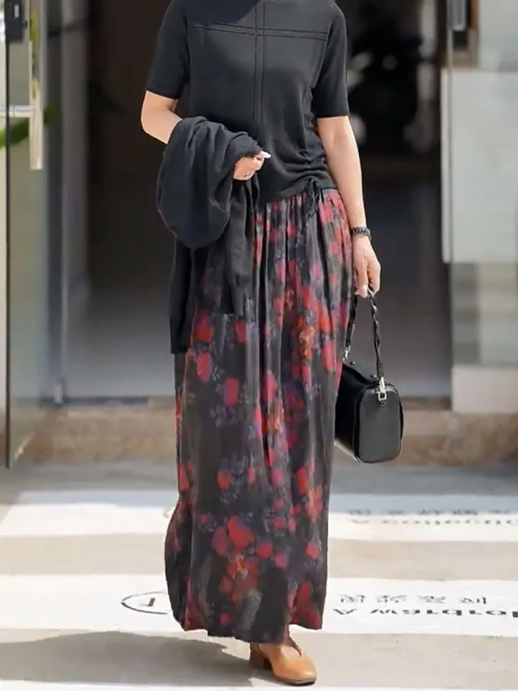 

Эластичная юбка с цветочным принтом, свободная, струящаяся, универсальная, плиссированная, длинная, весна 2025, новинка, для женщин больших размеров